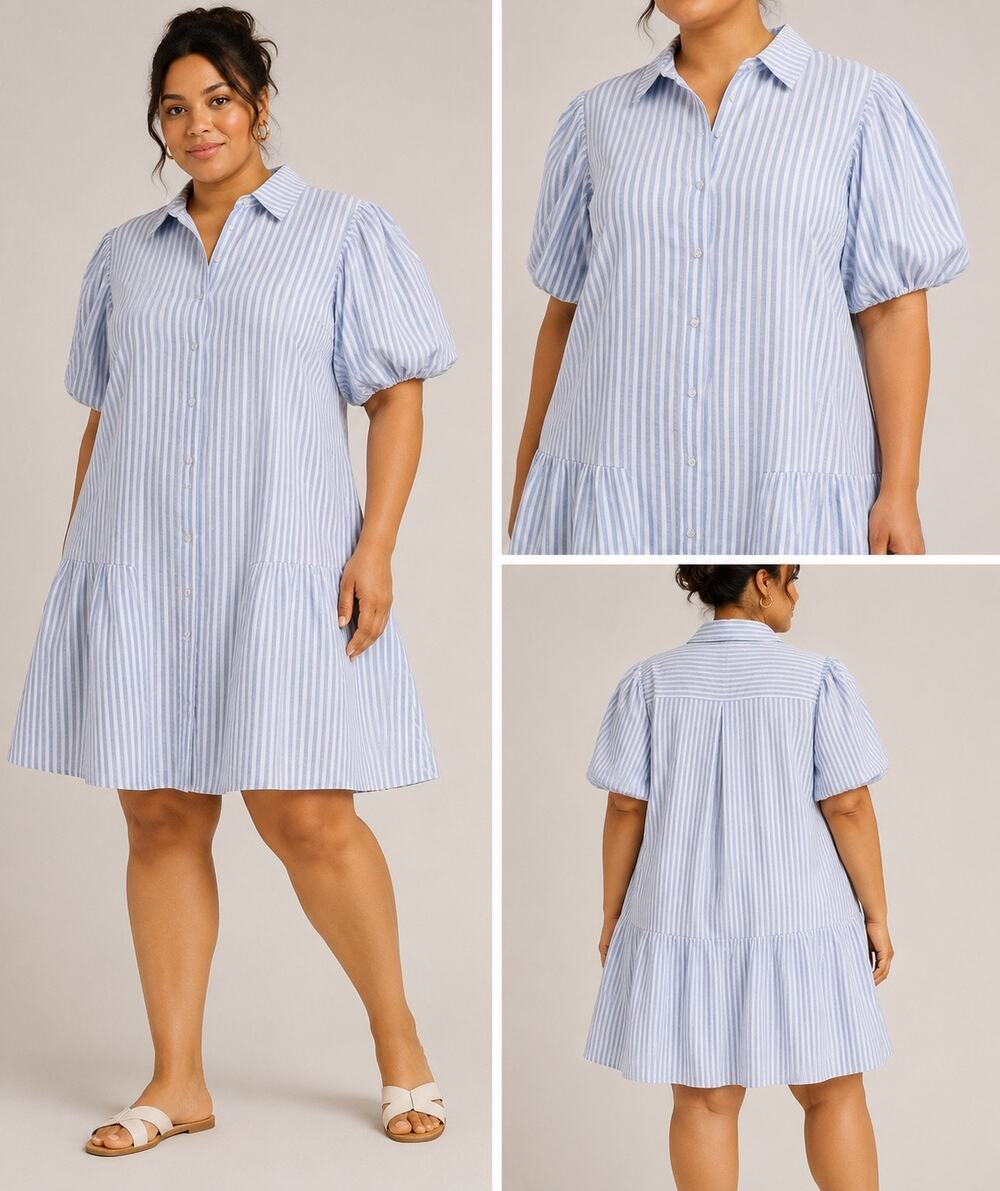 Grace & Karma Blue White Striped Puff Sleeve Shirt Dress XL NWT Tiered Casual